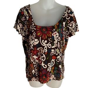 Lafayette 148 New York Blouse T-shirt Sequined Beaded Floral Tan Brown Red Large